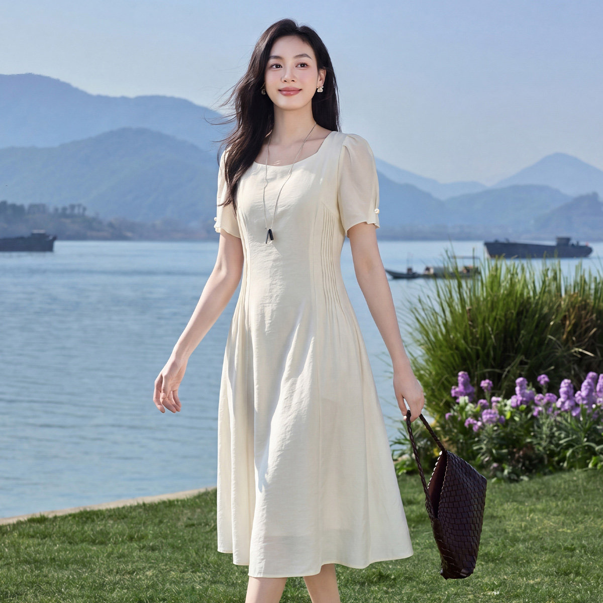 茵曼2026夏季新款莱赛尔圆领短袖连衣裙女士新款休闲舒适气质长裙