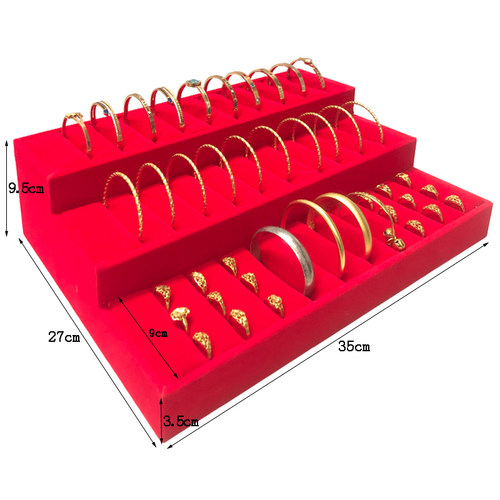 粤星泰木质绒布3层手镯戒指架
