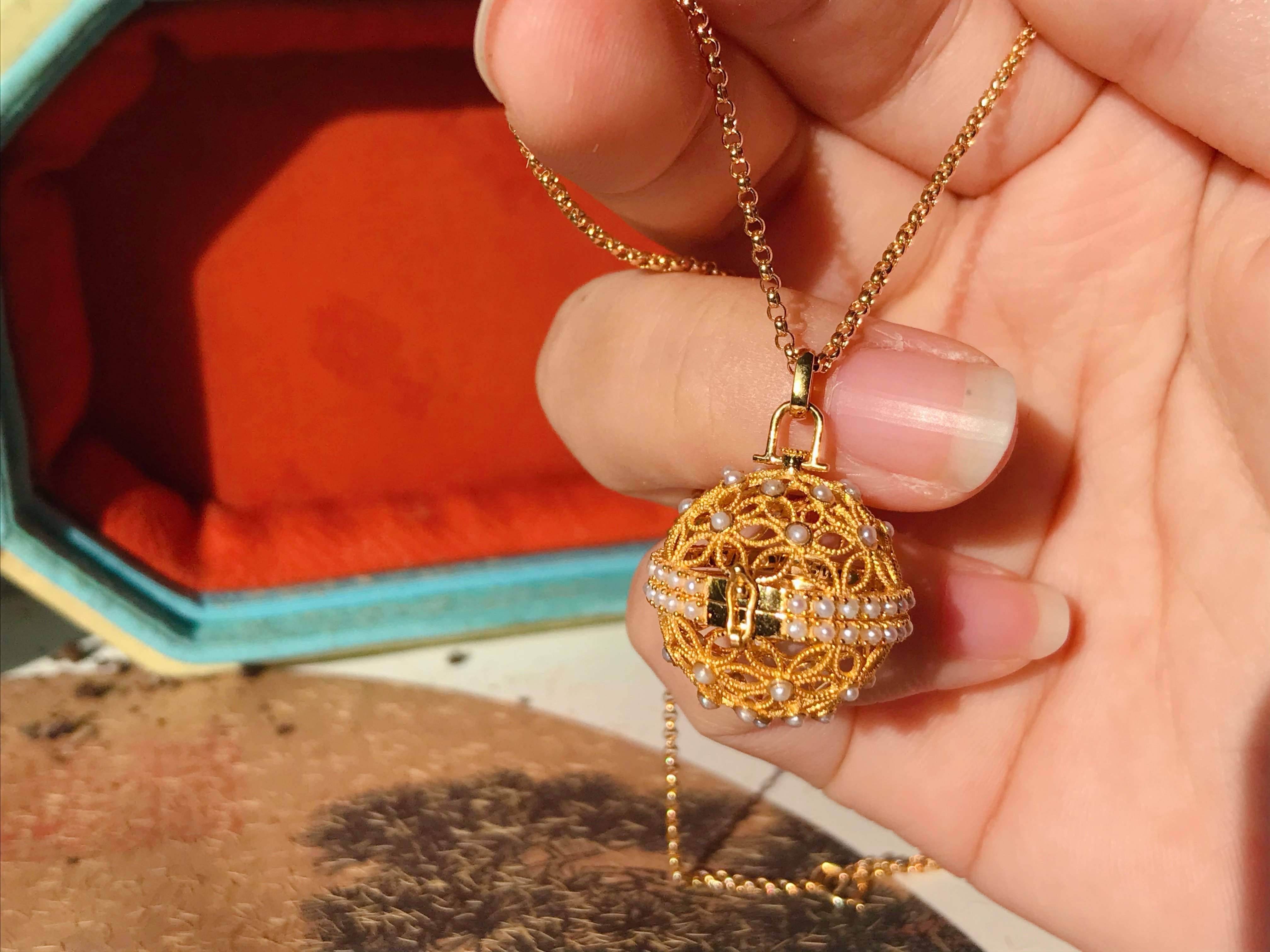 18k金镶钻花丝珍珠香囊球吊坠挂坠古法黄金可打开【现货顺丰】