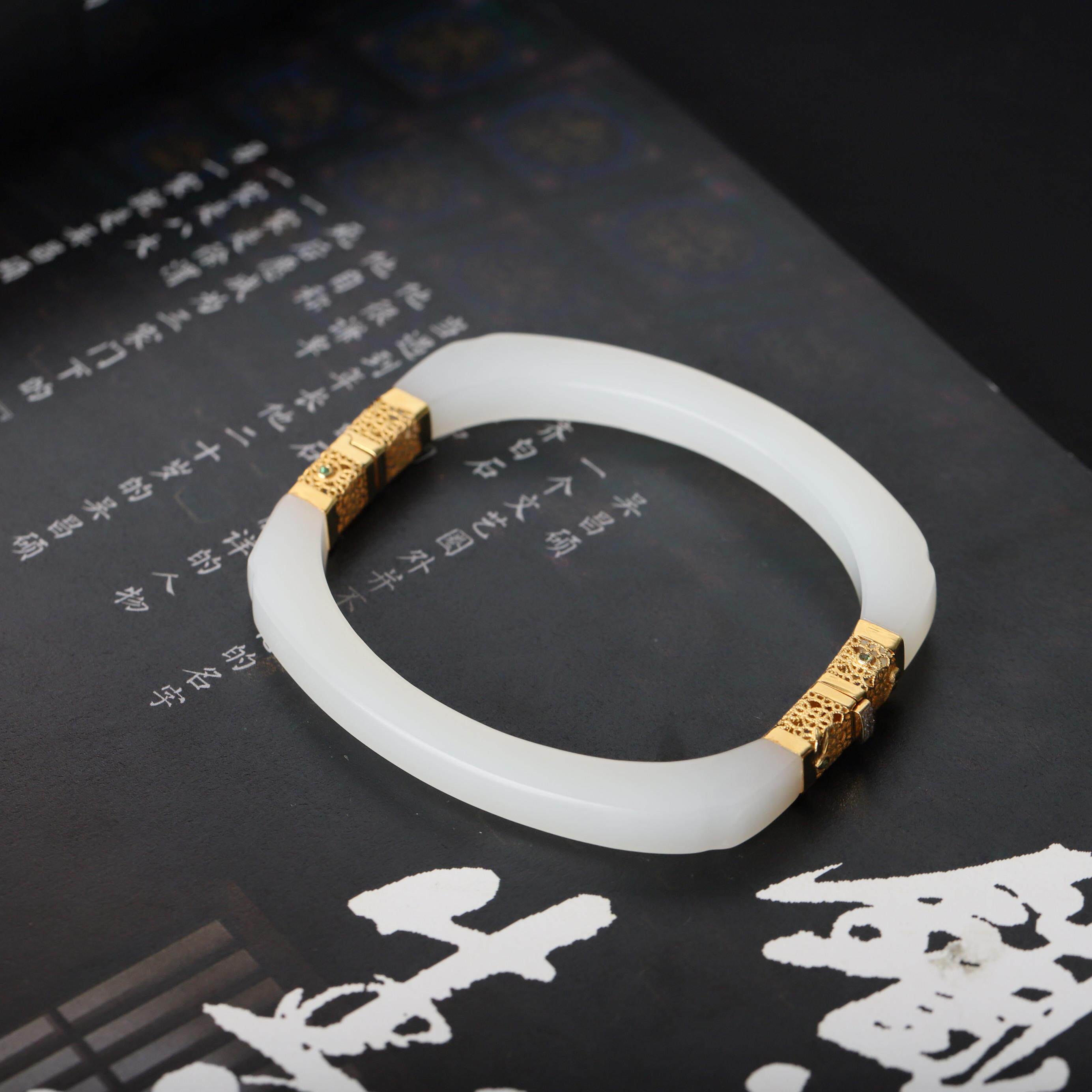 53.54圈口可开口18k金镶嵌新疆和田白玉手镯女款羊脂白玉镯子