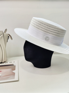 Mona张绮贤同款白色平顶草帽艾达精品一号法式帽子女夏季防晒帽