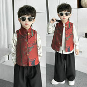 男童新中式 儿童演出服男宝周岁礼服 2026春秋新款 国风唐装 马甲套装
