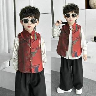 男童新中式国风唐装马甲套装2026春秋新款儿童演出服男宝周岁礼服
