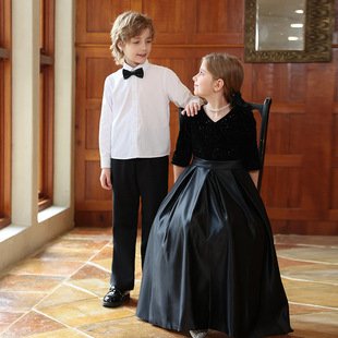 男童礼服女童高端黑色演出服小黑裙钢琴主持乐团大合唱晚礼服长裙