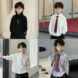 儿童领带衬衫男女童百搭走秀校园黑白衬衣刺绣领带春秋冬加绒上衣