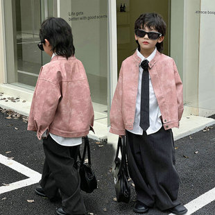 潮酷 套装 男女童立领皮衣粉色2026春新款 洋气休闲外套灰色阔腿裤