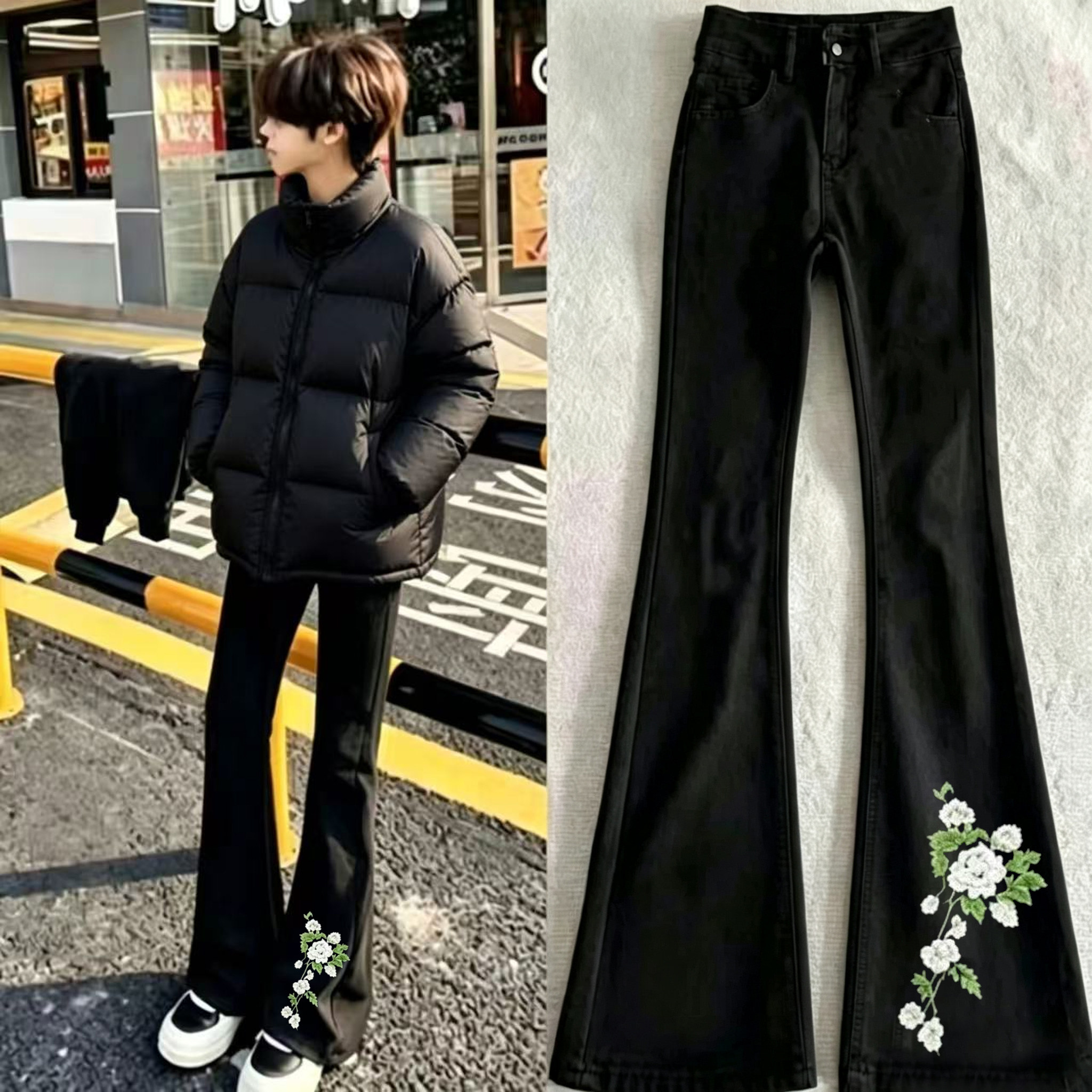 高街美式复古潮牌印花黑色牛仔裤男痞帅嘻哈宽松微喇叭vibe裤子