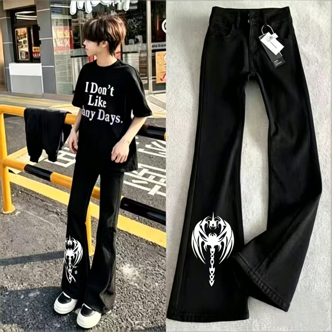 潮牌美式高街新款牛仔裤男女春季裤子印花十字架潮流青少年微喇裤