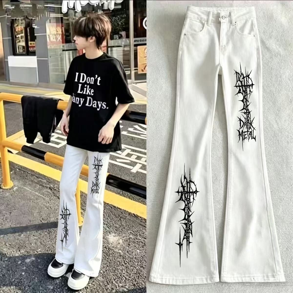 美式潮流印花牛仔裤个性图案男女轻奢高街潮牌白色修身显瘦微喇裤