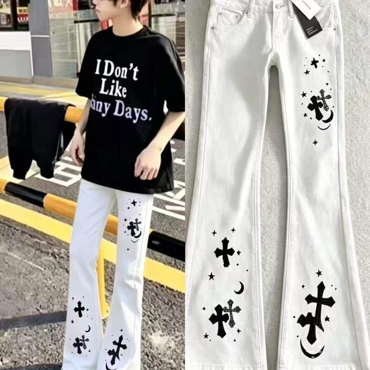 潮牌轻奢星空十字架印花牛仔裤男女春秋新款慵懒休闲宽松微喇裤