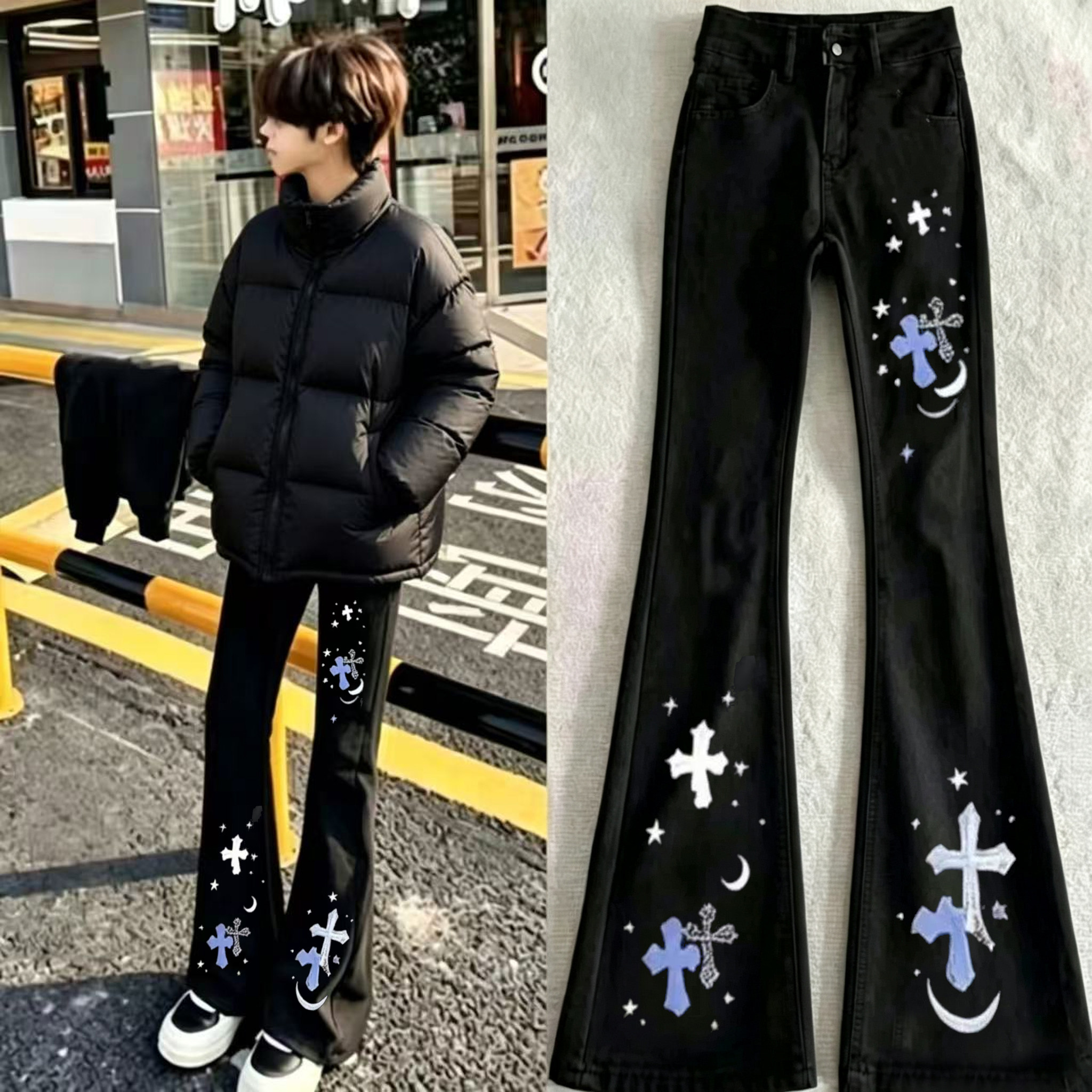 轻奢潮流十字架印花弯刀牛仔裤男女潮牌网红同款韩版直筒微喇裤男