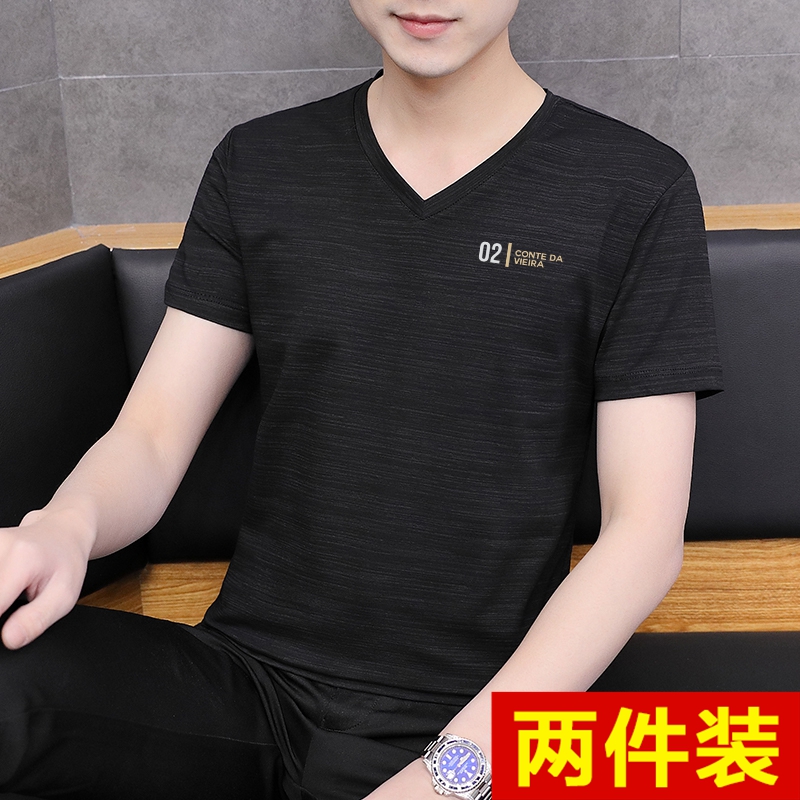 高端高档纯棉V领t恤男短袖夏季新款潮流上衣服冰丝半袖休闲体恤衫