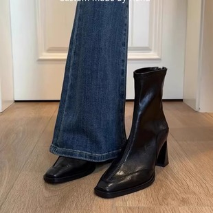 头层牛皮短靴女2025冬季新款加绒中跟方头粗跟瘦瘦靴真皮马丁靴子