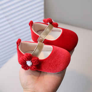 婴儿鞋子女宝宝春秋季红色公主鞋0一1周岁礼软底步前鞋学步不掉鞋