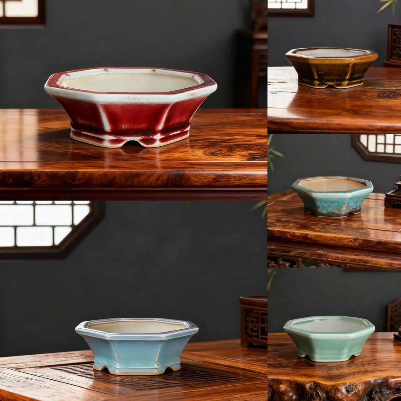 浅八方高温窑变美人醉松石绿花盆