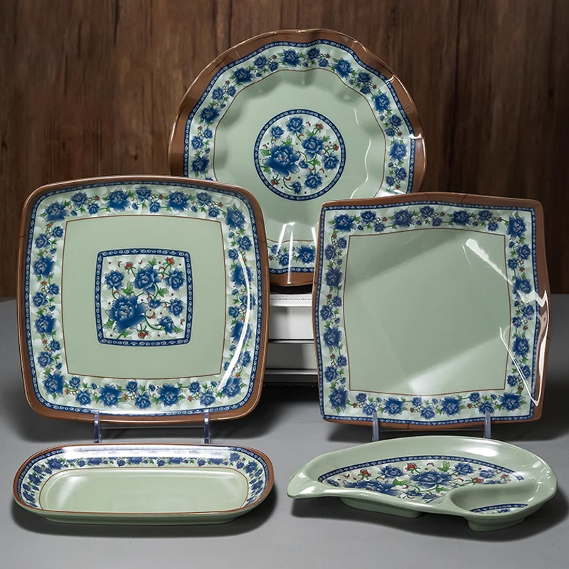 密胺盘子商用塑料快餐盘饭店专用菜盘四方碟子点心盘仿瓷餐具青花