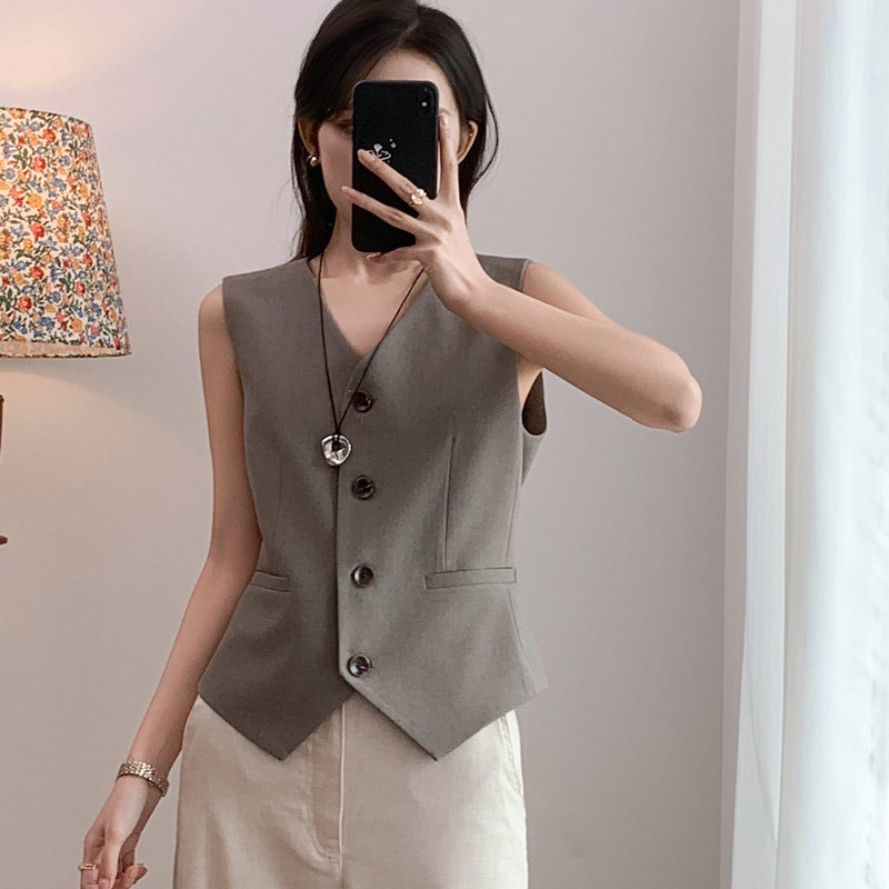 漫沿 灰色西装马甲女款2025新款春秋高级感麻质洋气百搭收腰马夹