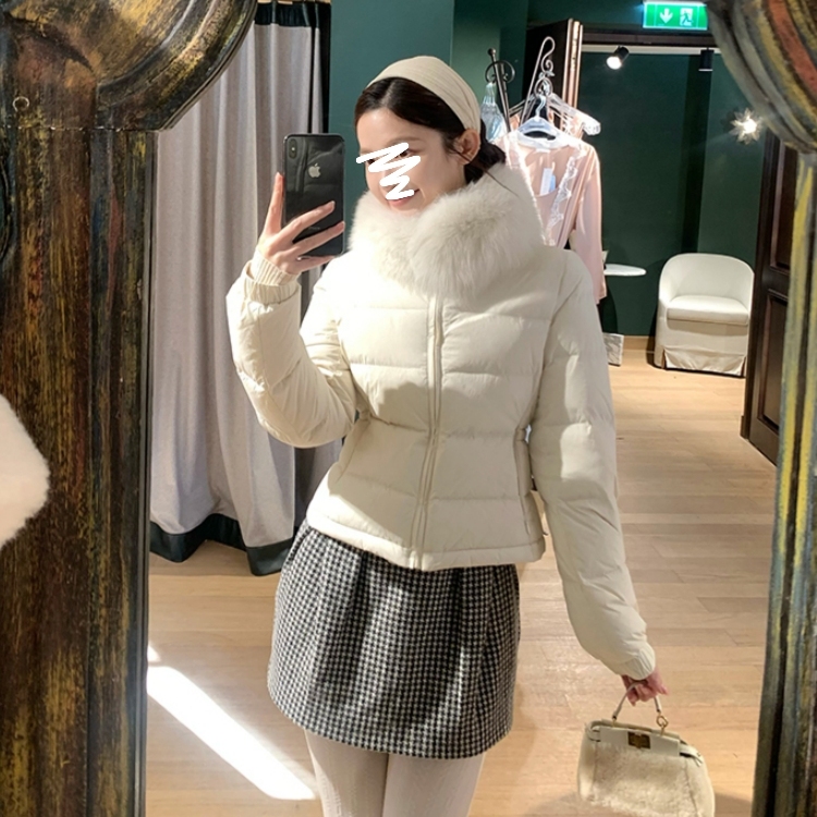 lulu系90白鸭绒修身显瘦羽绒服女冬短款泡芙立领毛领保暖棉服外套