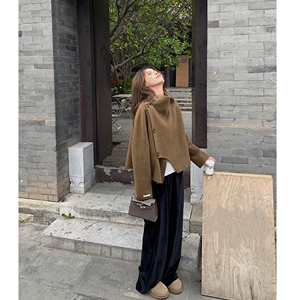 法式半高领不规则设计感呢子外套女冬季新款气质休闲短款毛呢大衣