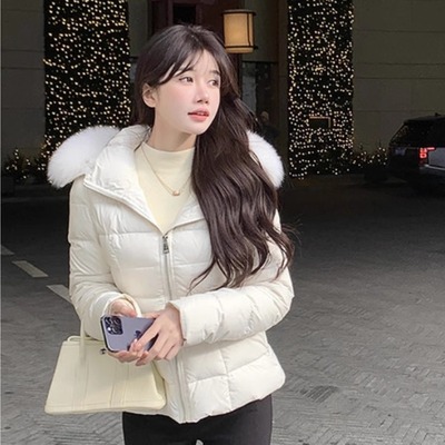 大毛领连帽90白鸭绒羽绒服女冬季