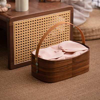 黑胡桃木茶具收纳盒户外便携布艺提篮高档精致野餐手提茶杯整理盒