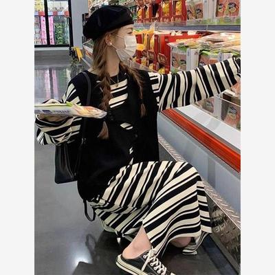 大码300斤胖妹妹西装马甲条纹卫衣裙套装女秋季慵懒风遮肉两件套2