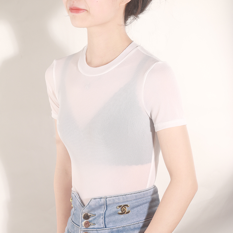 新款白色網(wǎng)紗打底衫女內(nèi)搭2022夏季緊身網(wǎng)紗t恤女裝冰絲短袖上衣