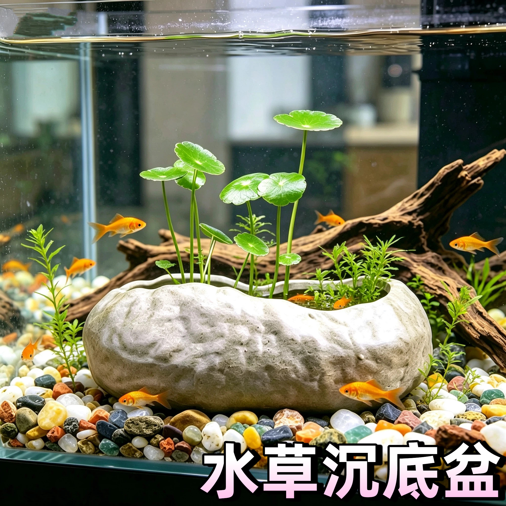 水草沉底盆仿石头无孔铜钱草专用大小陶瓷花家用盆景水仙水培器皿