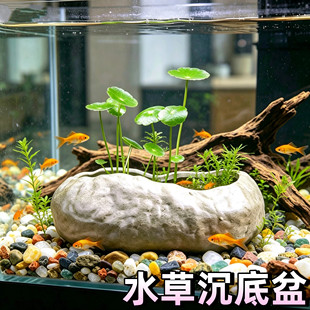 水草沉底盆仿石头无孔铜钱草专用大小陶瓷花家用盆景水仙水培器皿