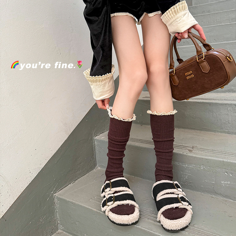 靴尚棉花边羊绒小腿袜女秋冬加厚保暖搭配靴子洛丽塔显瘦长筒袜