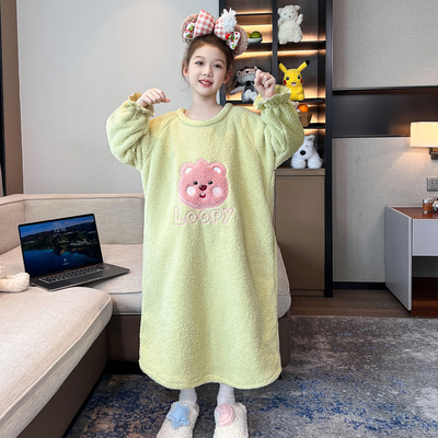 韩版轻盈半边绒女童珊瑚绒睡裙卡通法兰绒长袖家居服可外穿亲子装