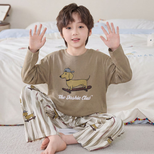 休闲宽松腊肠狗100%纯棉男童睡衣可外穿长袖男孩青少年家居服套装
