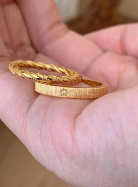 新款中古拉丝水芒星戒指女拉丝点钻个性小众设计高级叠搭百搭通勤