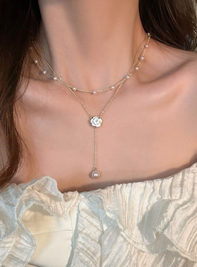 新款双层珍珠山茶花项链女夏轻奢小众设计高级感脖颈链流苏锁骨链