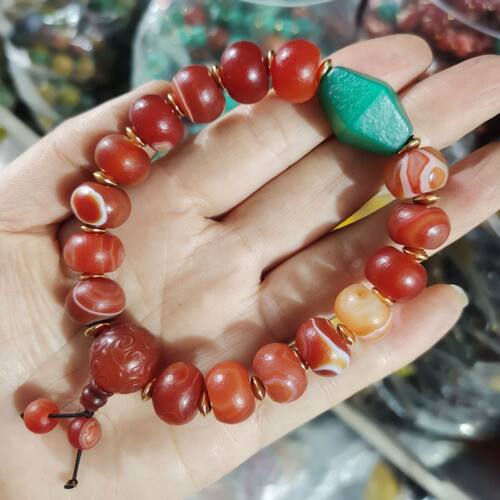 天然缠丝玛瑙算盘珠手串三通多宝手串男女磨砂算盘珠盘玩手链手饰
