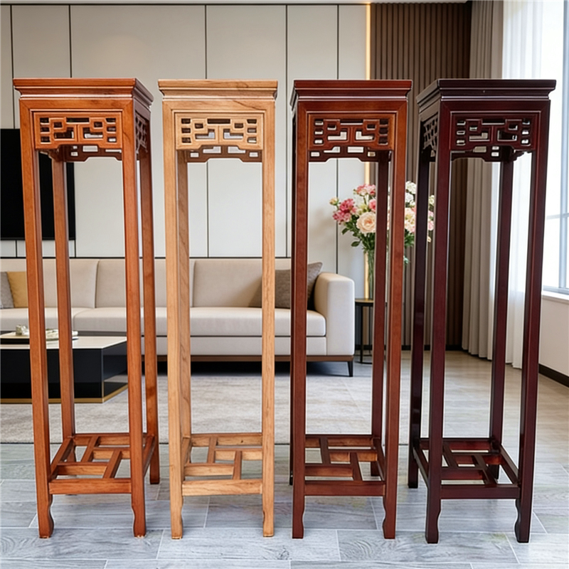 新中式实木花架落地式方形榆木置物架免安装室内客厅绿植架花卉架