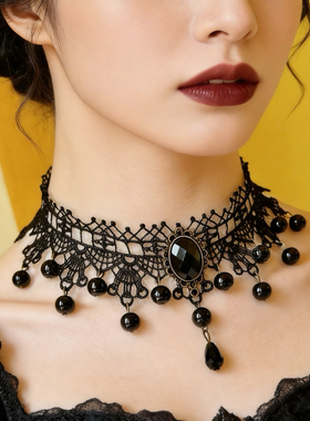 复古哥特黑蕾丝珍珠吊坠锁骨链