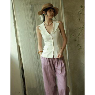 otherbela春夏老钱风翻领无袖 天丝亚麻气质上衣女 背心收腰显瘦式