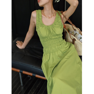 otherbela小众设计感大U领无袖 收腰质感嫩绿色高腰博主风连衣裙