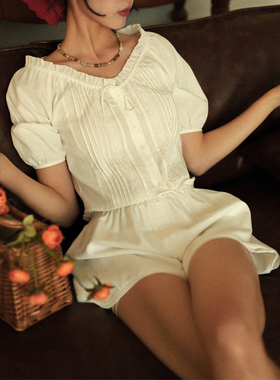 otherbela小众南法度假圆领蕾丝短款泡泡袖hoskelsa博主同款上衣