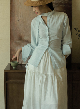 otherbela小众早秋品质亚麻飘带氛围感百搭绑带博主风长袖衬衫女