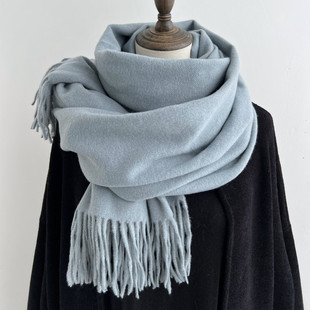 气质纯色百搭仿羊绒雾霾蓝围巾女冬季新款外搭大披肩高级感围脖男