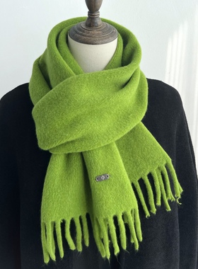 牛油果绿小围巾短款窄版女冬季羊毛混纺流苏针织毛线日系保暖围脖