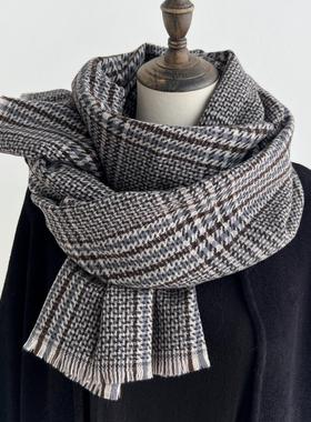 100%绵羊毛围巾女冬季24年新款韩版百搭复古千鸟格披肩保暖围脖男