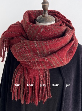 2025新款高级感复古小香风红色格子围巾女冬季氛围感加厚保暖披肩