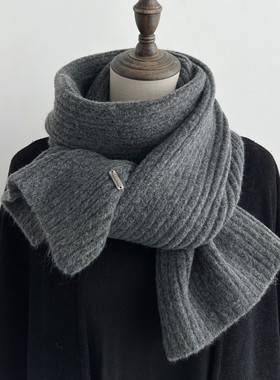 羊毛混纺坑条针织毛线纯色深卡其色围巾女冬季燕麦色短款小围脖男