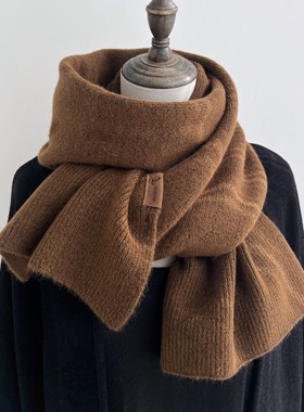 韩版新款美拉德风咖啡色围巾女冬季纯色毛线针织简约情侣款围脖男