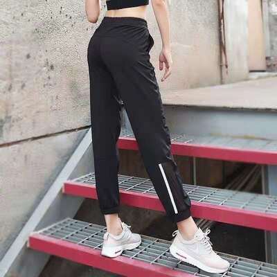 运动长裤女宽松显瘦夜跑反光裤健身房瑜伽速干九分裤透气百搭黑色