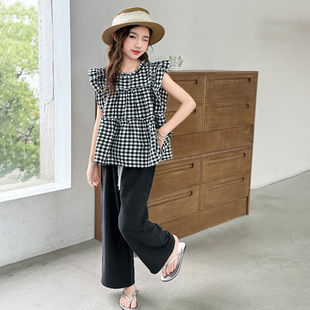 女童夏季网红格子套装2026新款儿童韩版薄款阔腿裤小女孩时髦夏装