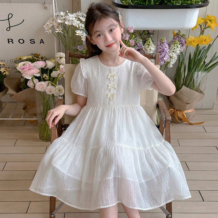 女童2026甜美公主裙夏季新款短袖蝴蝶结中长裙洋气时髦白色连衣裙